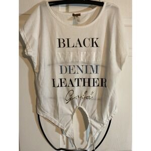 Copper Key White Graphic T Shirt Black Denim Leather Gold Women's Size S